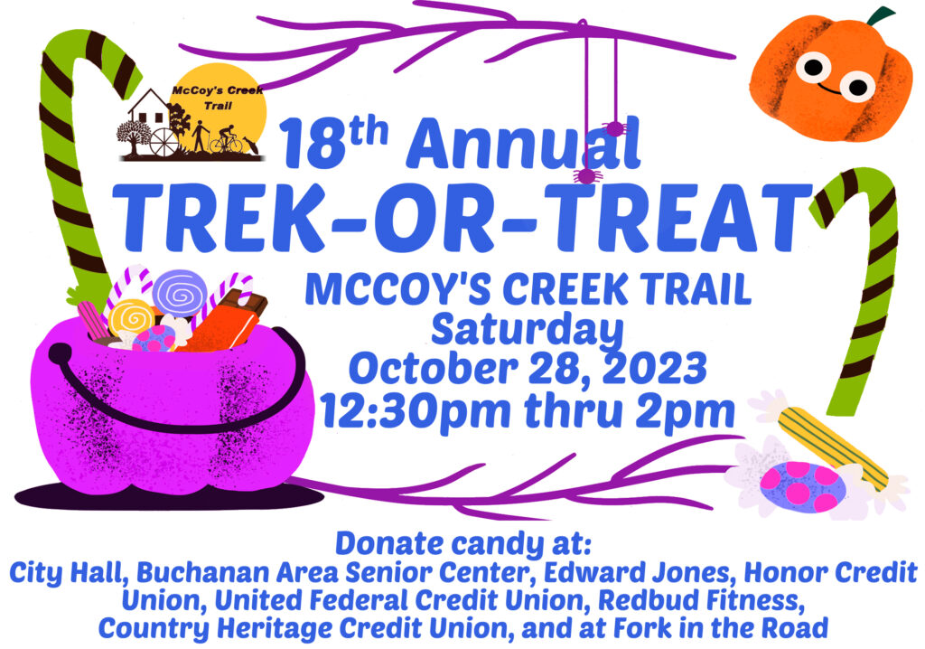 18th Annual Trek or Treat - McCoy's Creek Trail, Saturday, October 28, 2023. 12:30-2pm. 