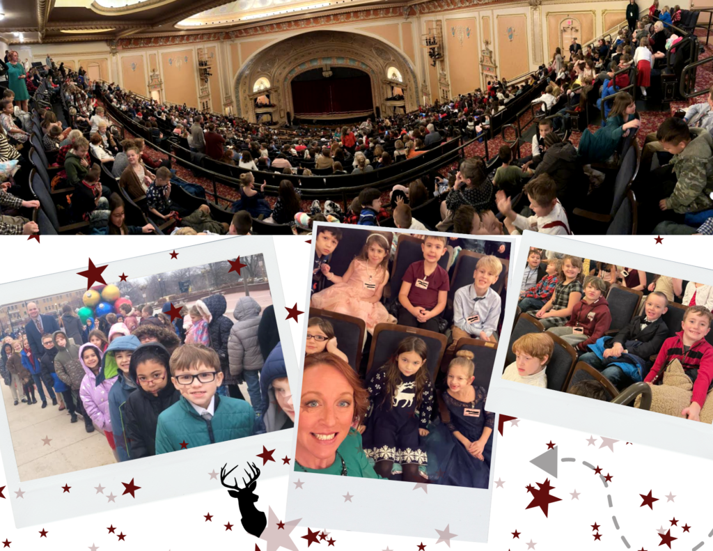 Multiple photos of students attending the Nutcracker ballet.