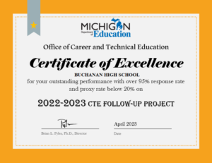 Certificate of Excellence to Buchanan High School for your outstanding performance with over 95% response rate and proxy rate below 20% on 2022-2023 CTE Follow-Up Project.