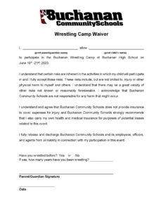 Image of Buchanan Wrestling Camp Waiver 2023 pdf
