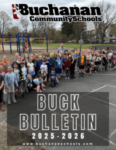 Buck Bulletin Cover featuring a photo of students standing outside on the playground.