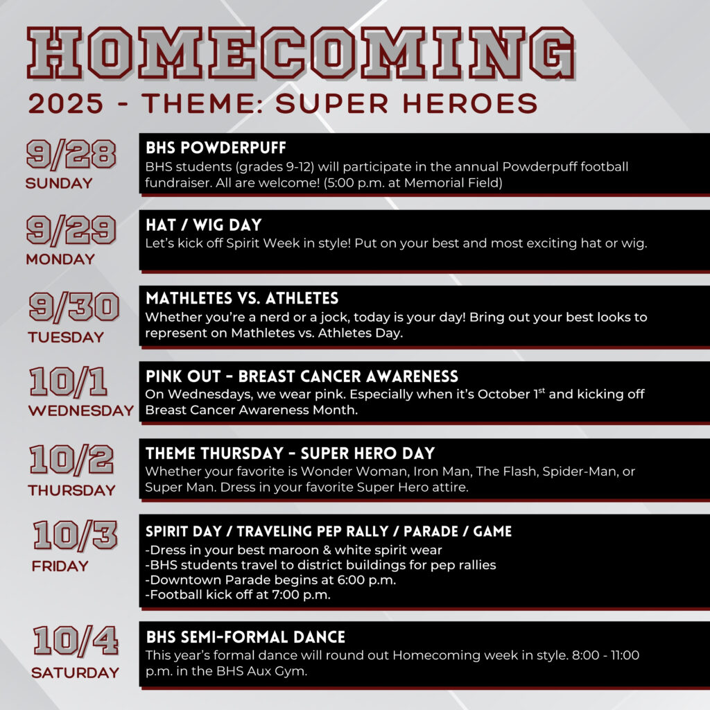 Informational graphic of the upcoming events happening during homecoming week at BHS
