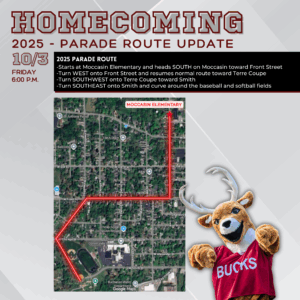 It’s almost time for Homecoming week! And as you might have noticed, downtown Buchanan is a bit chaotic. However, that won’t stop us from holding our annual parade. For this year, we will travel an alternate route STARTING at Moccasin Elementary. The parade will officially begin at 6:00 p.m. and head SOUTH on Moccasin toward Front Street. Then, we’ll turn RIGHT/WEST onto Front Street toward Terre Coupe and turn LEFT. This takes us to the end of our typical route that curves around the baseball/softball fields. (Note: vehicles should NOT park ON Moccasin between the elementary and Front Street to allow for ample space for floats to pass.) Here’s a map to help you navigate this year’s route. We can’t wait to see you there!