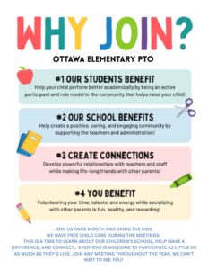 Why Join? Ottawa Elementary PTO #1 Students benefit Help your child perform better academically by being an active participant and role model in the community that helps raise your child. #2 Our School Benefits help create a positive, caring and engaging community by supporting the teachers and administration! #3 Create connections Develop powerful relationships with teachers and staff while making life-long friends with other parents! #4 You Benefit Volunteering your time, talents and energy while socializing with other parents is fun, healthy and rewarding! JOIN US ONCE MONTH AND BRING THE KIDS. WE HAVE FREE CHILD CARE DURING THE MEETINGS! THIS IS A TIME TO LEARN ABOUT OUR CHILDREN’S SCHOOL, HELP MAKE A DIFFERENCE, AND CONNECT... EVERYONE IS WELCOME TO PARTICIPATE AS LITTLE OR AS MUCH AS THEY’D LIKE. JOIN ANY MEETING THROUGHOUT THE YEAR, WE CAN’T WAIT TO SEE YOU!
