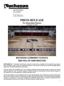 Image of page 1 of the press release featuring a photo of the new gym floor.