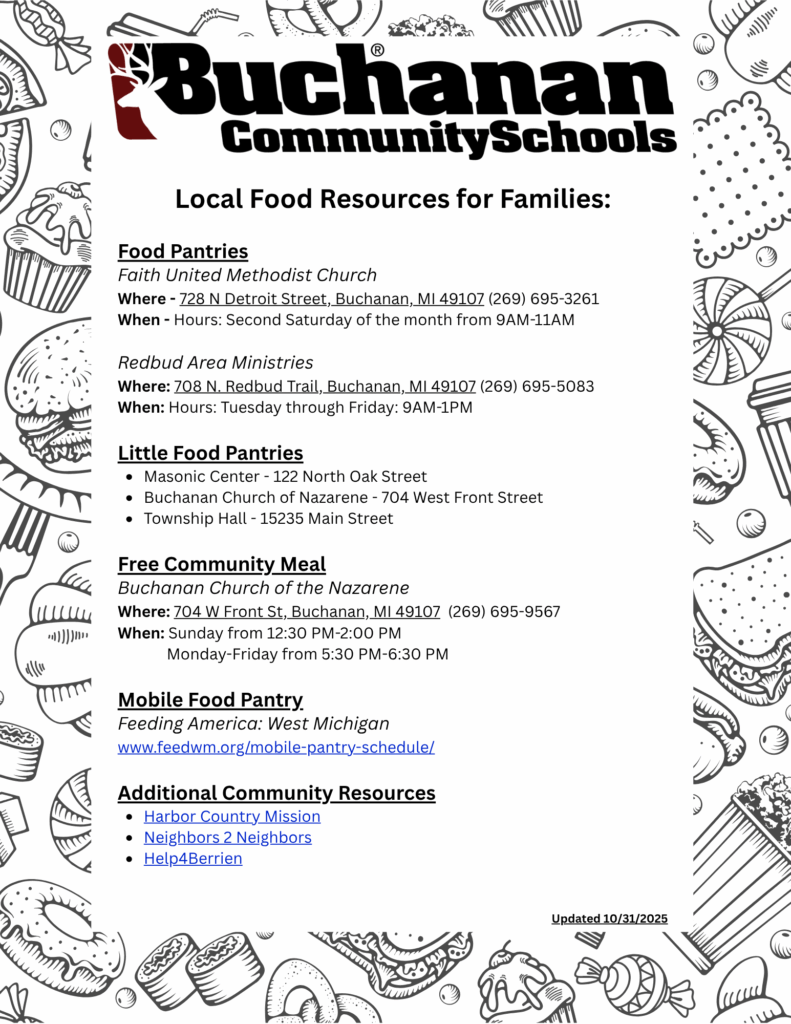 Local Food Resources for Families document that lists food pantries and additional resources for families.