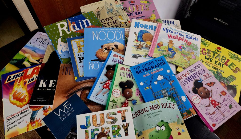 Picture of a pile of children's books.