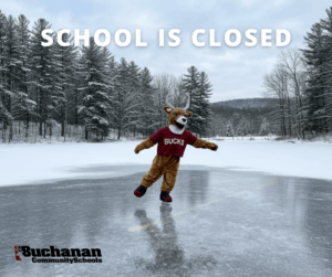 Photo of Bucky mascot ice skating announcing school is closed.