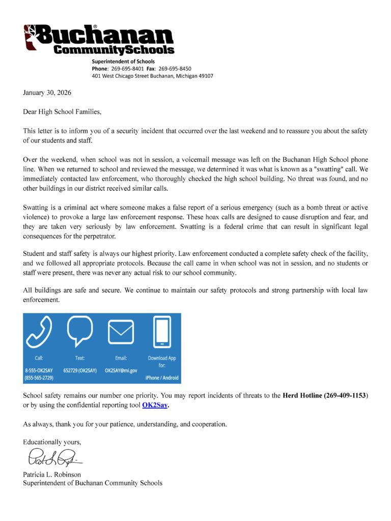 Image of 1-30-2026 BHS Swatting Call Notification Letter