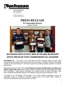 Page 1 of the Press Release - BHS Wins in the 2026 microsoft office specialist state championship fall qualifier