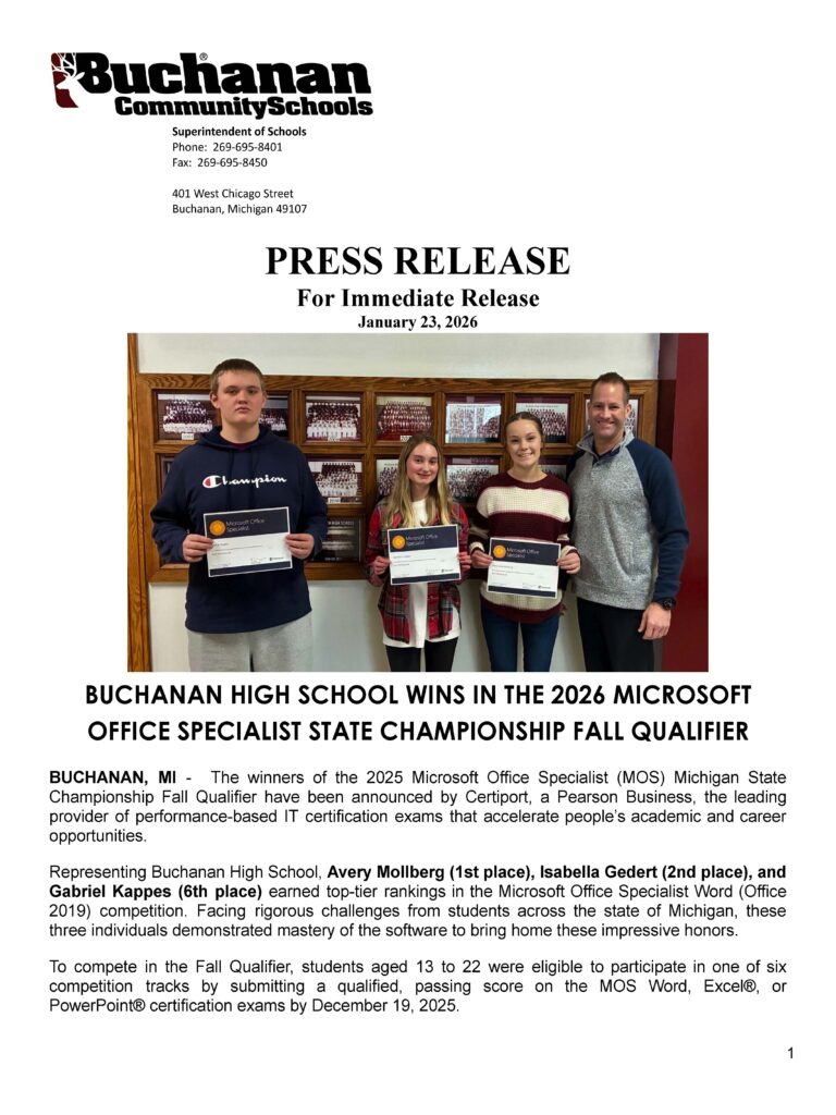Page 1 of the Press Release - BHS Wins in the 2026 microsoft office specialist state championship fall qualifier