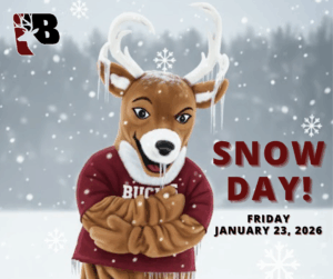 Photo of bucky with icicles hanging on him. Snow Day. Friday, January 23, 2026