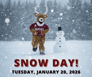 a snow day image of Bucky with a snowman. Tuesday, January 20, ,2026